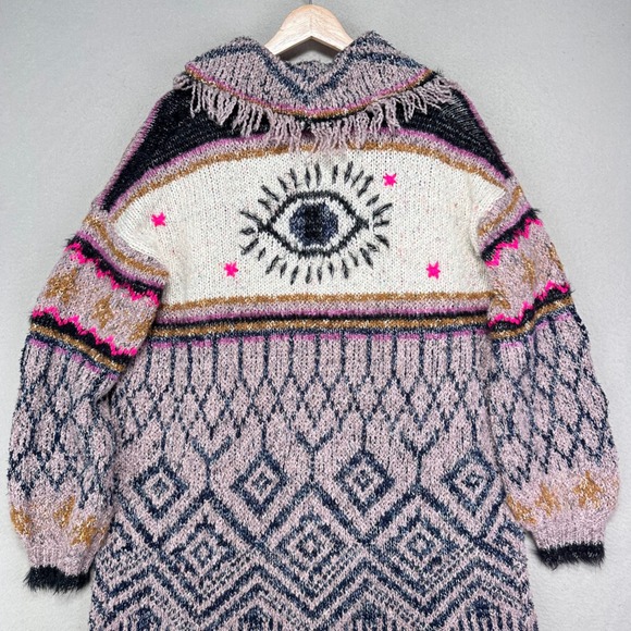 Pilcro Anthropologie Evil Eye Fringe Cardigan Sweater XS/S Boho Intarsia Knit - Picture 6 of 11